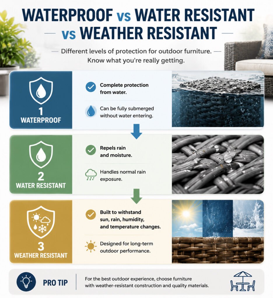 Waterproof vs weather resistant outdoor furniture explained with PE rattan durability comparison