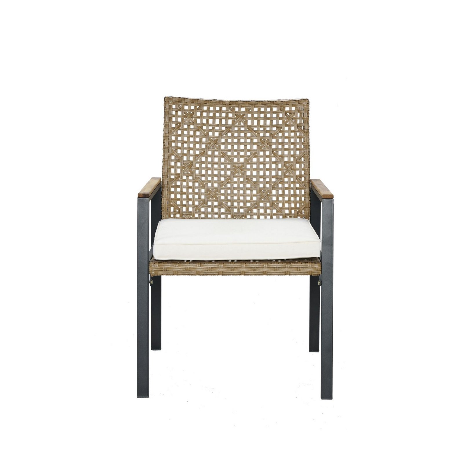 Front view of the Yellow outdoor patio dining chair with a woven rattan-style PP plastic back, water-resistant cushion, and acacia wood armrests.