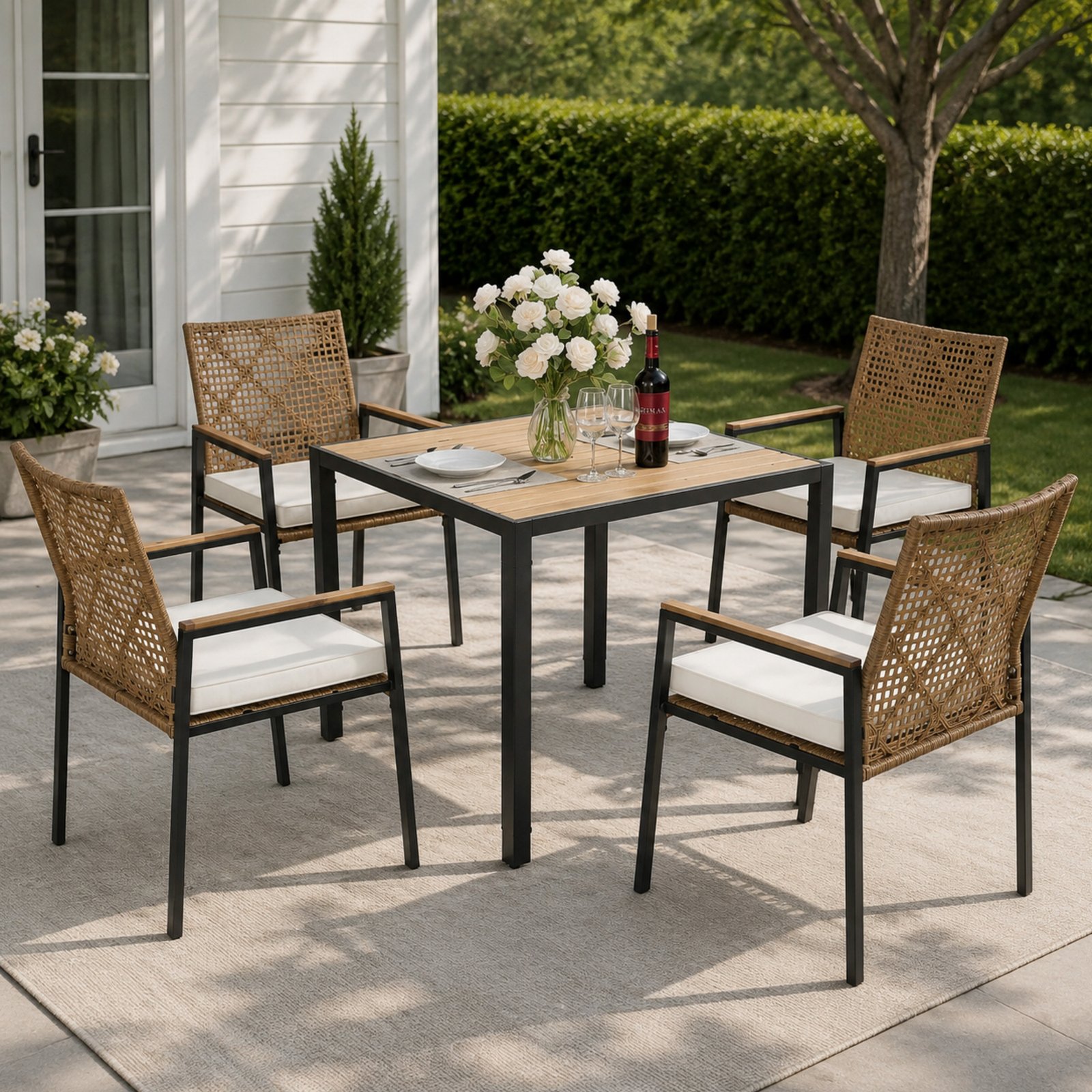 Yellow 5-piece outdoor patio dining set with an acacia wood table and four all-weather rattan chairs, styled on a modern backyard patio with umbrella hole table.