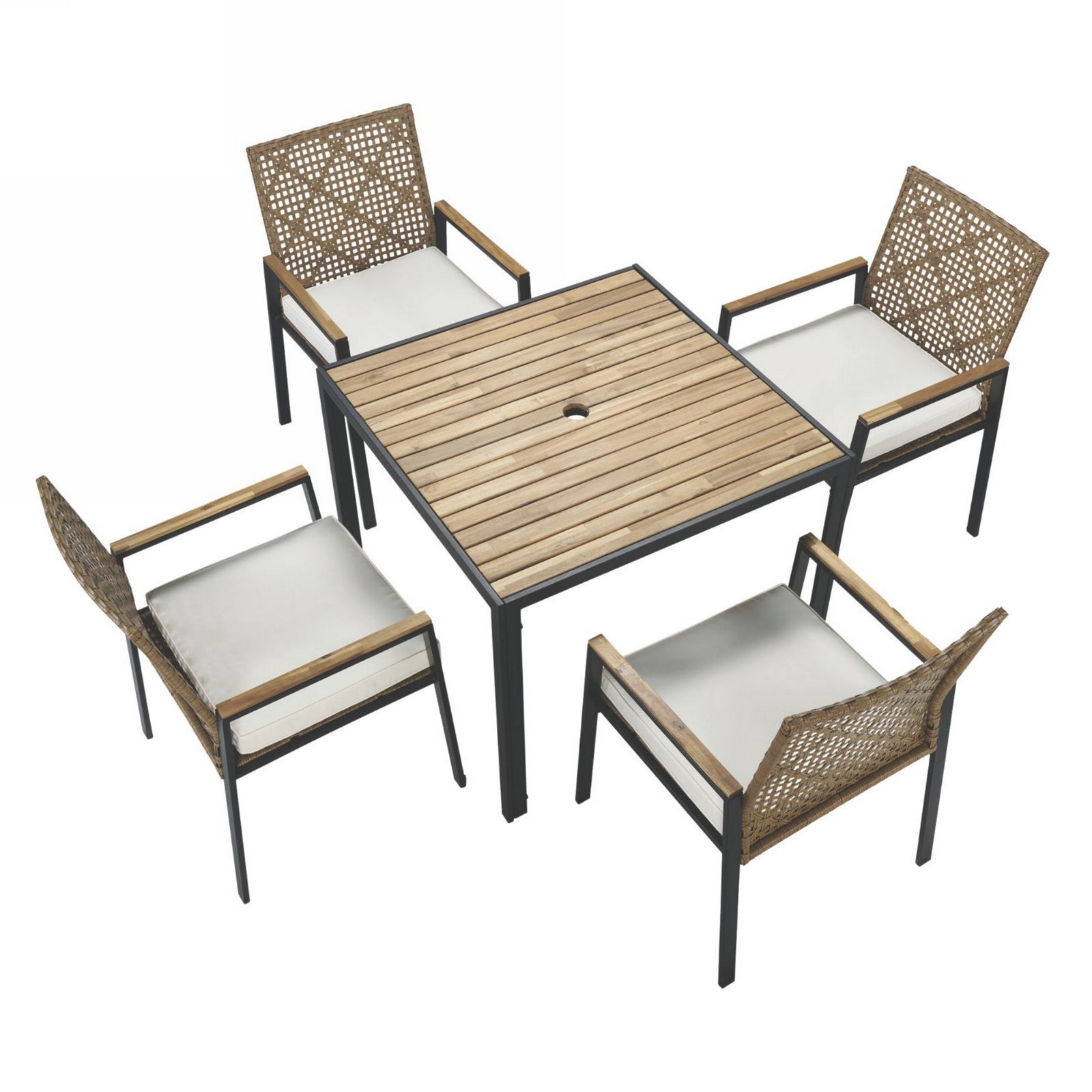 Yellow 5-piece outdoor patio dining set with an acacia wood table, four all-weather rattan chairs, and umbrella hole on a white background.