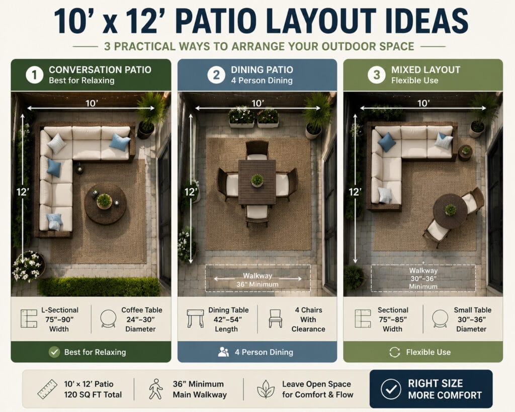 10x12 patio furniture layout ideas with sectional and dining arrangements