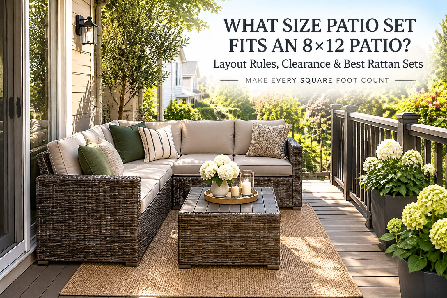 8x12 patio furniture layout featuring a compact rattan sectional and dining set for outdoor living