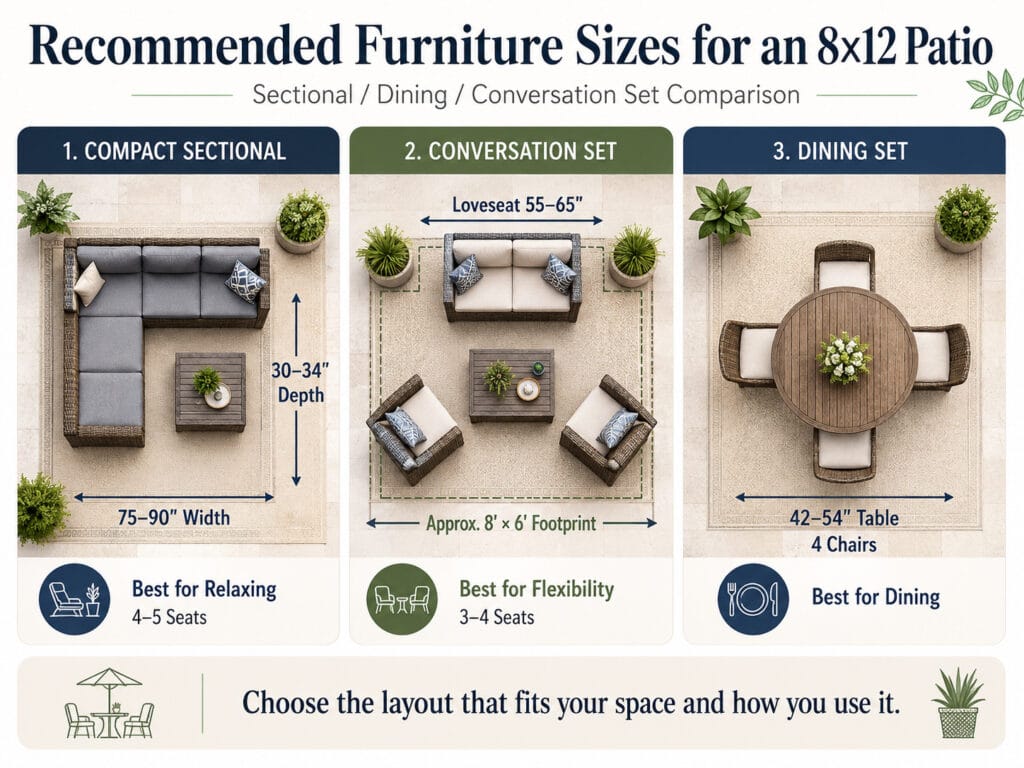 8x12 patio furniture size comparison showing sectional sofa, conversation set, and dining set dimensions