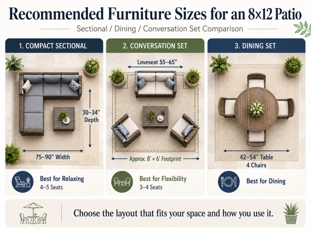 8x12 patio furniture size comparison showing sectional sofa, conversation set, and dining set dimensions