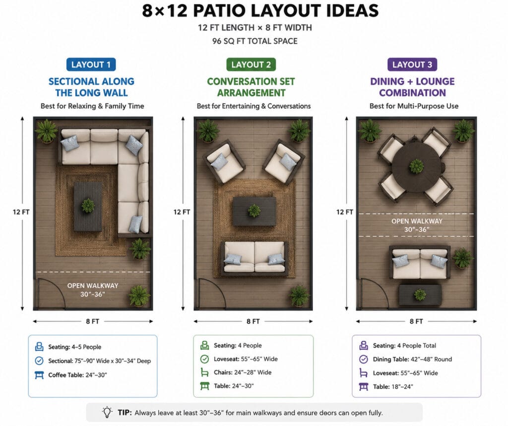 8x12 patio layout ideas showing sectional sofa, conversation set, and dining area furniture plans