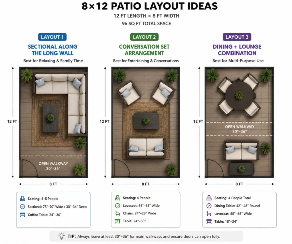 8x12 patio layout ideas showing sectional sofa, conversation set, and dining area furniture plans