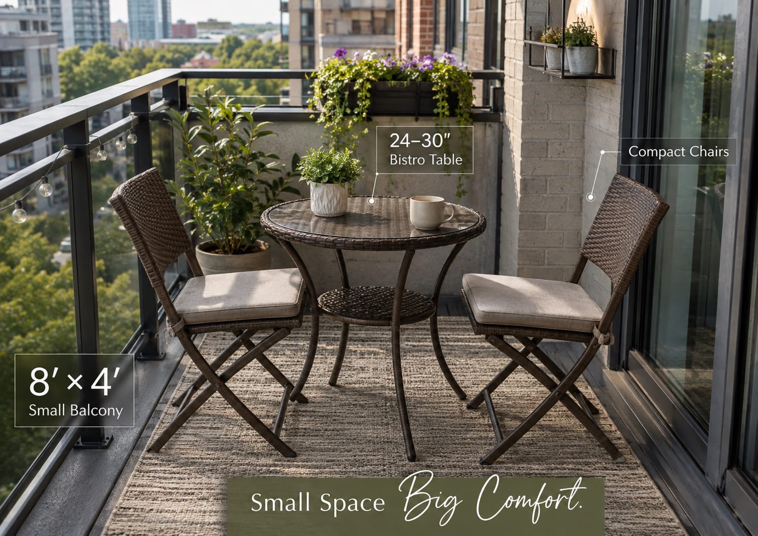 8x4 balcony bistro set size guide with compact rattan furniture layout