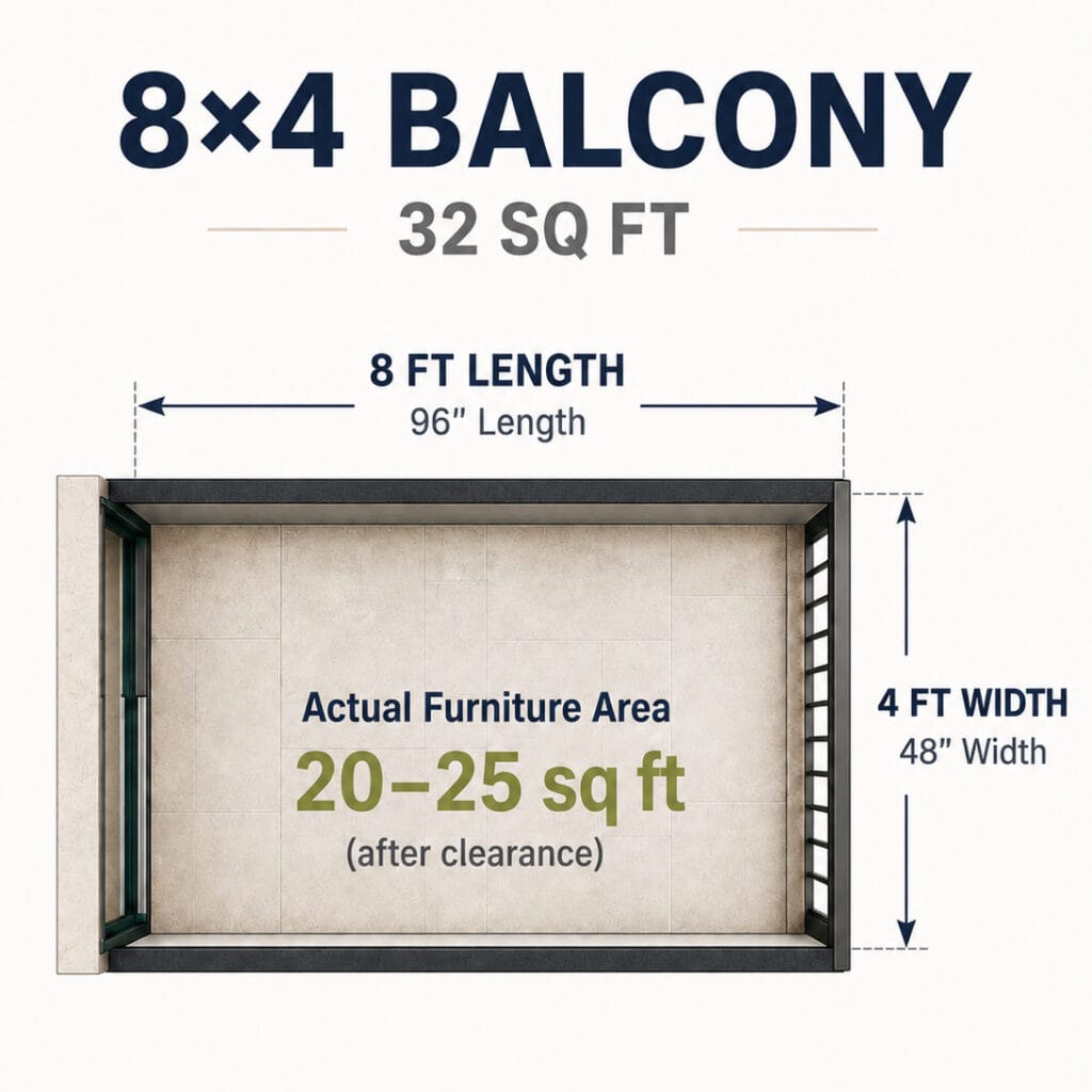 8x4 balcony dimensions showing usable space for small furniture layout