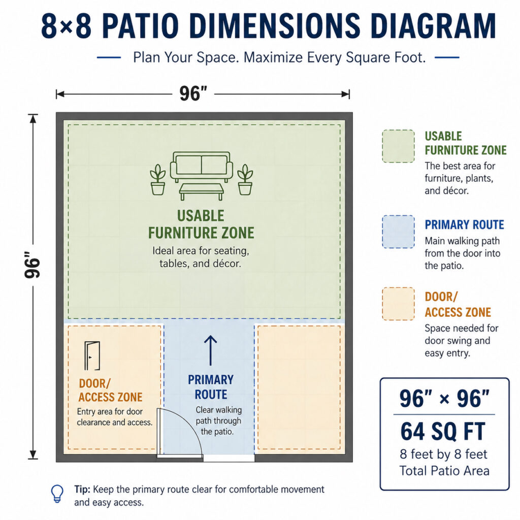 8x8 patio dimensions showing 64 square feet of outdoor space for furniture planning