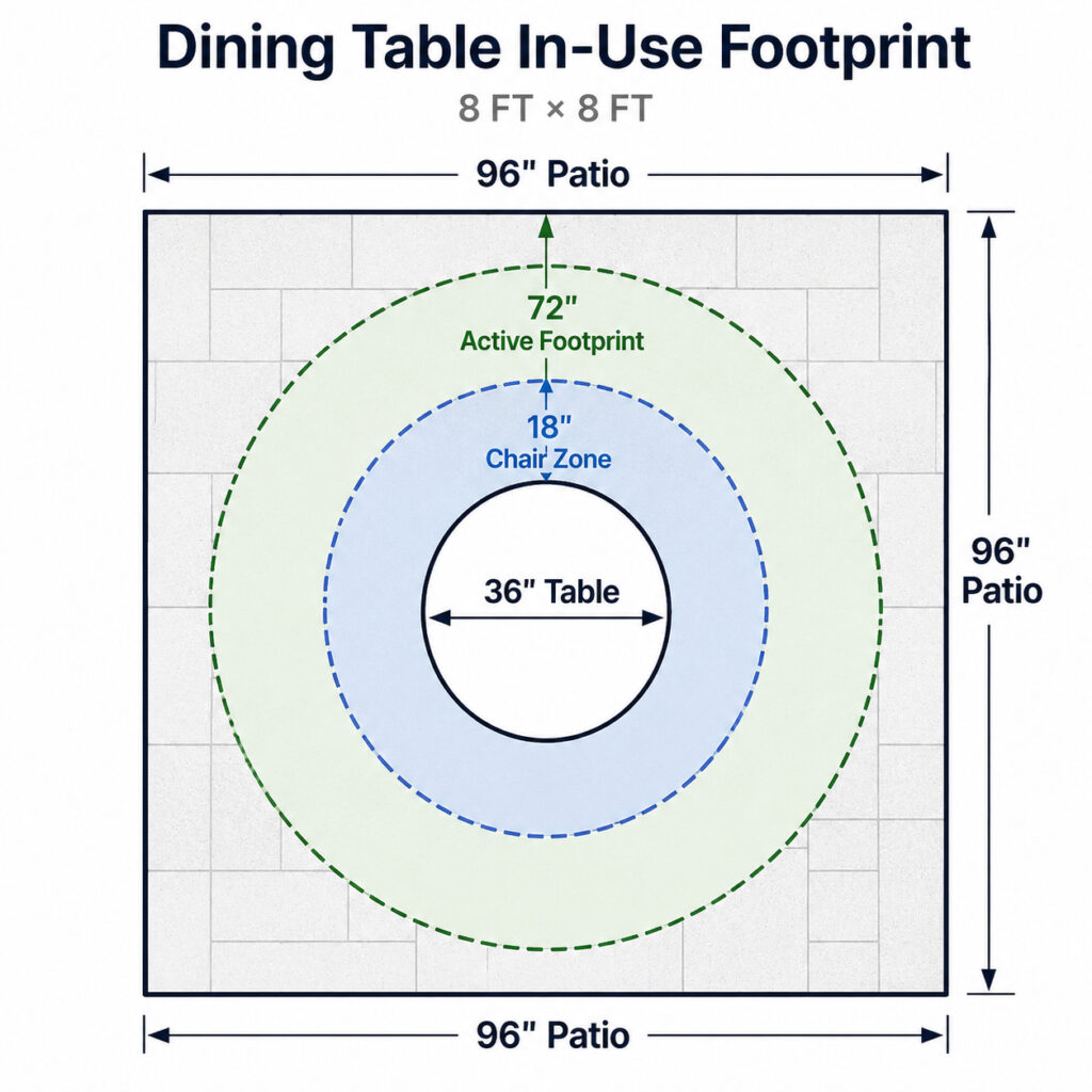 36 inch dining table and chair clearance footprint on an 8x8 patio