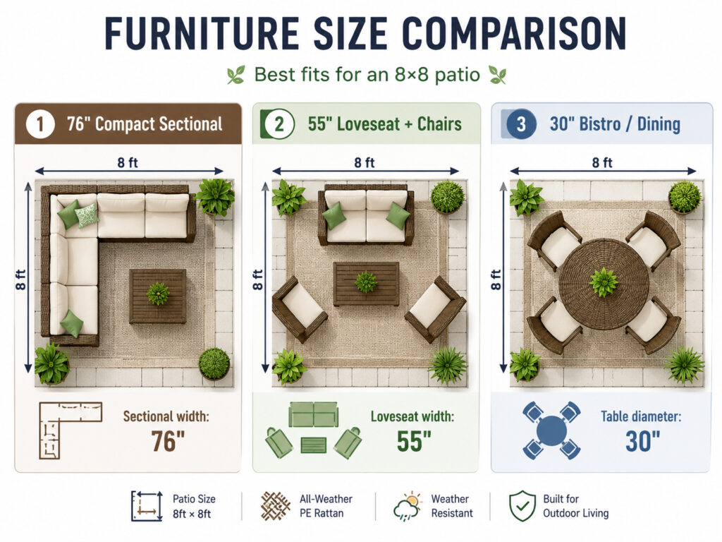 8x8 patio furniture size comparison for sectional, loveseat conversation set, and dining setup