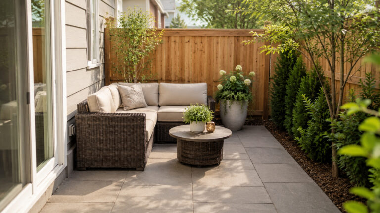 8x8 patio furniture layout with compact outdoor seating and open walking space