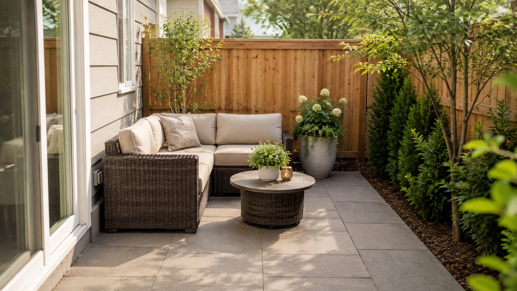 8x8 patio furniture layout with compact outdoor seating and open walking space