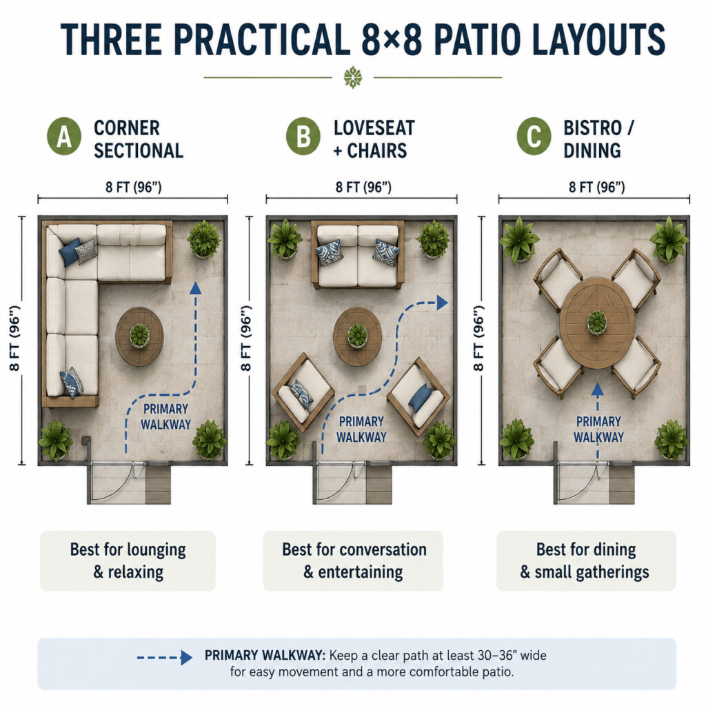 Three 8x8 patio layout ideas with sectional, conversation seating, and dining furniture