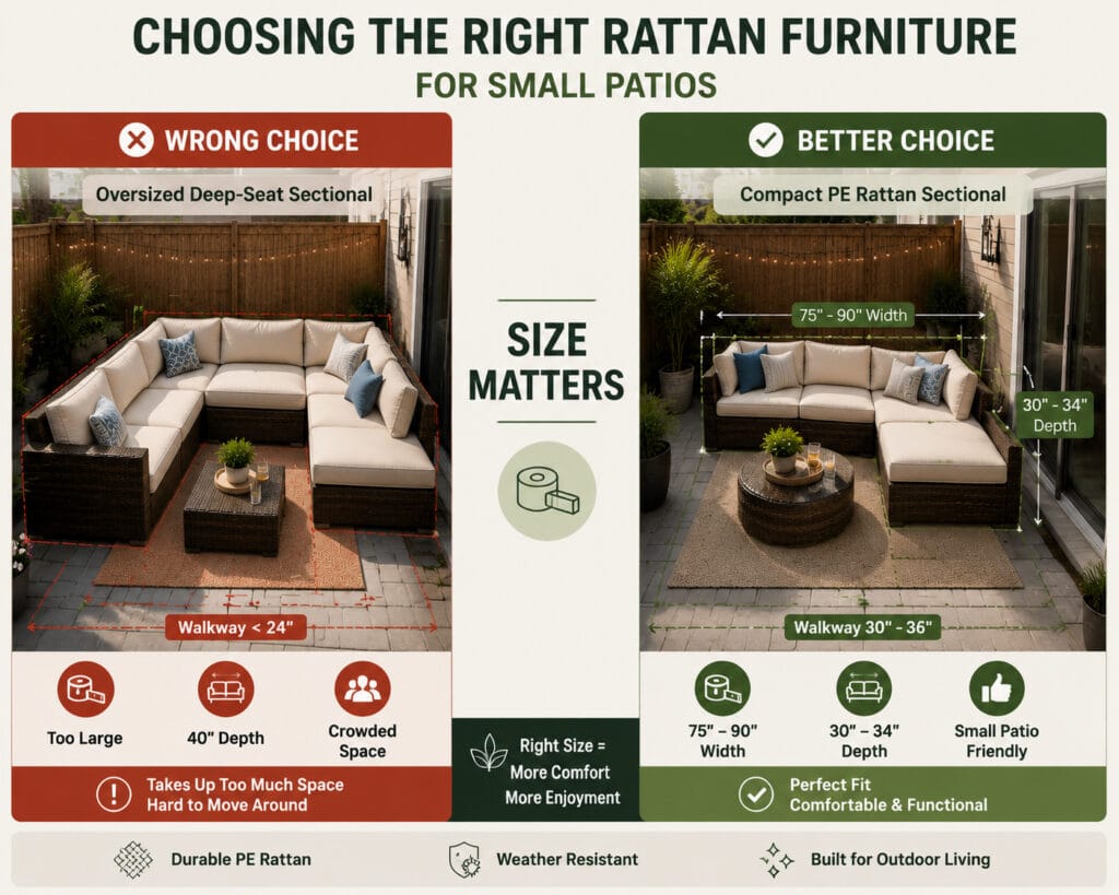 Compact PE rattan sectional furniture size comparison for small patio spaces