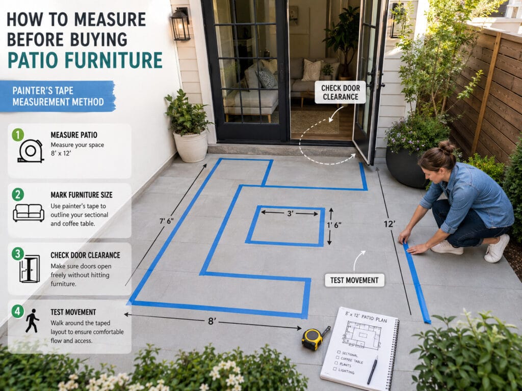 How to measure an 8x12 patio before buying furniture using painter's tape layout method