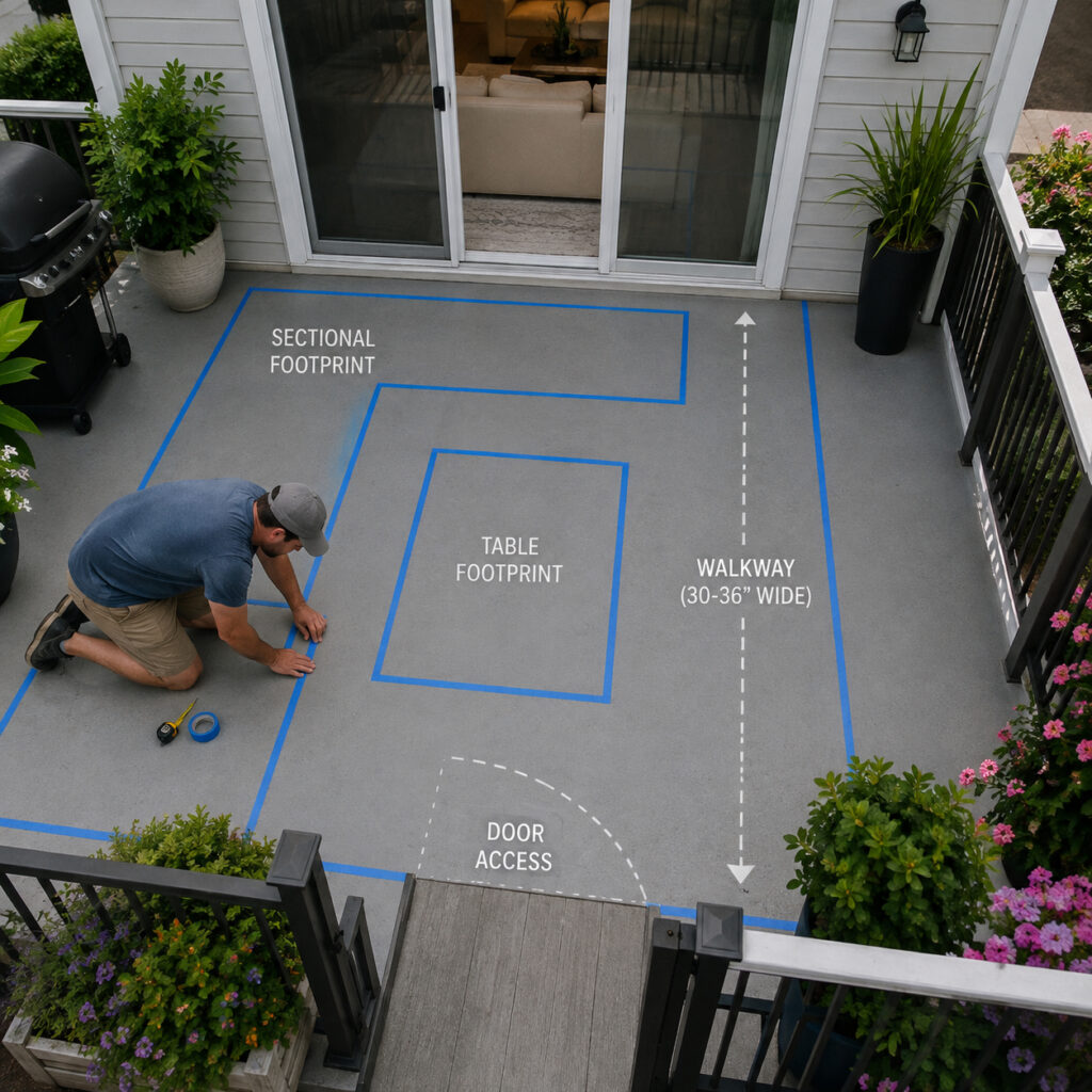 Homeowner measuring an 8x8 patio with painter's tape before buying outdoor furniture