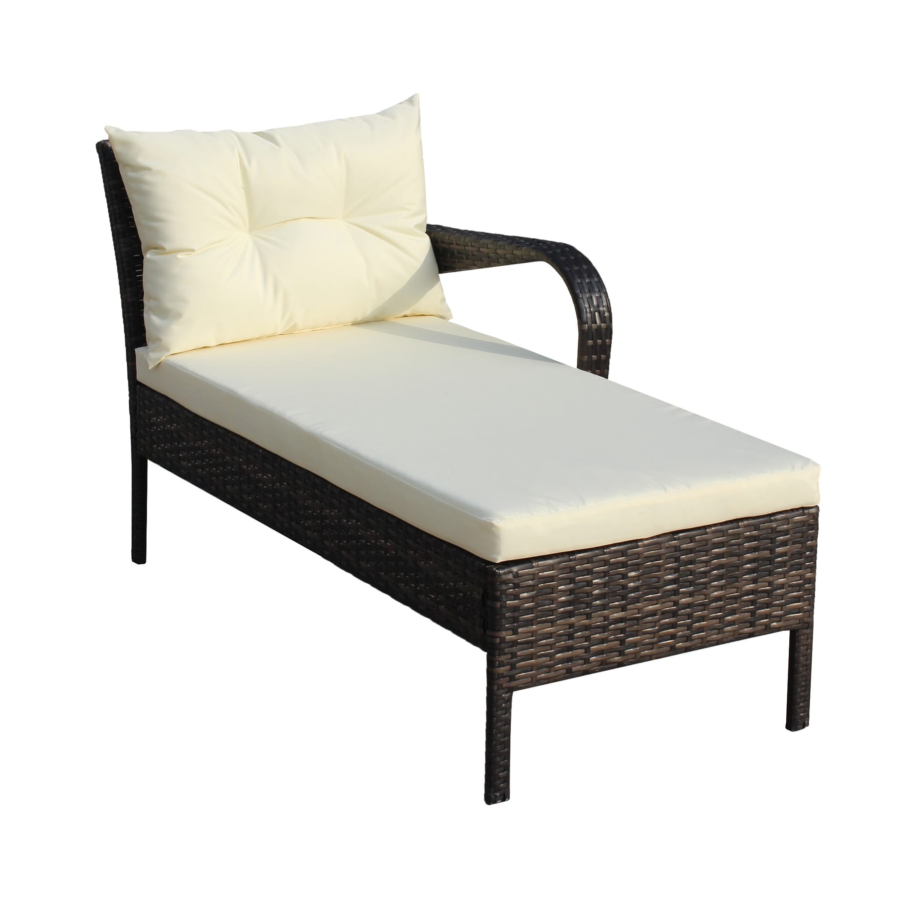 Brown wicker chaise lounge with beige cushions from 3 piece outdoor sectional sofa set