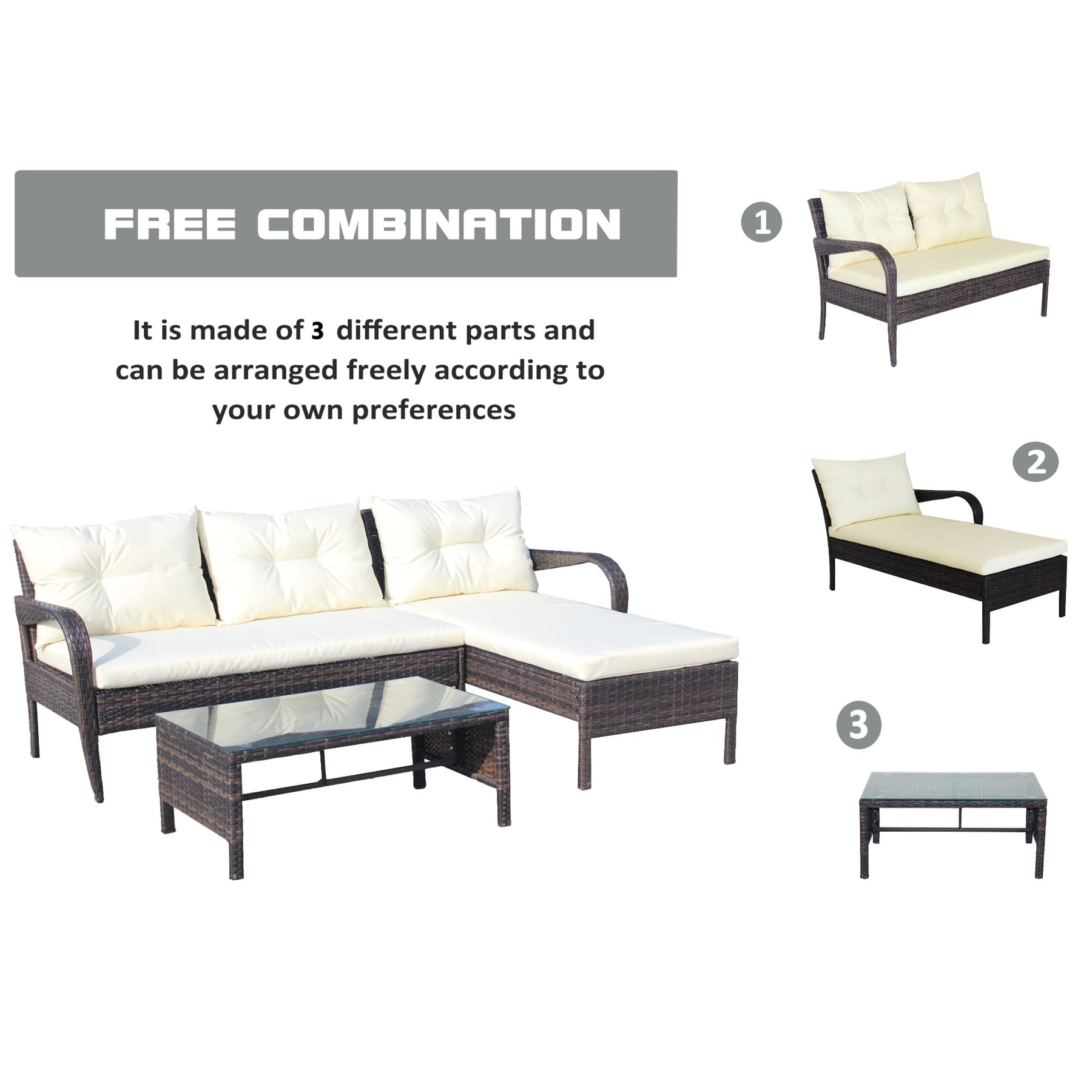 3 piece outdoor wicker sectional set showing two-seater sofa chaise lounge and tempered glass coffee table arrangement