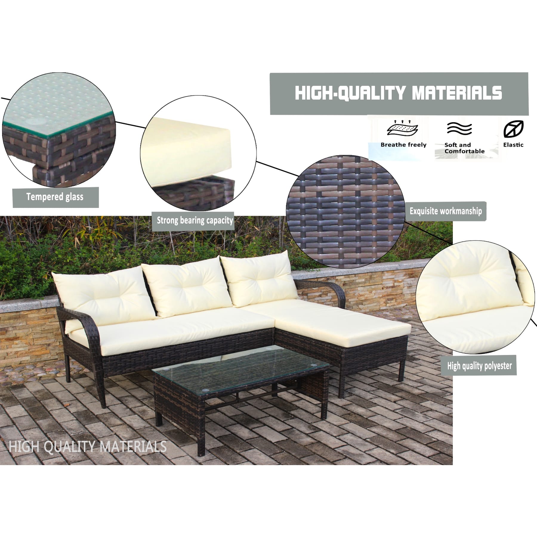 3 piece outdoor wicker sectional showing PE rattan tempered glass and beige cushion material details