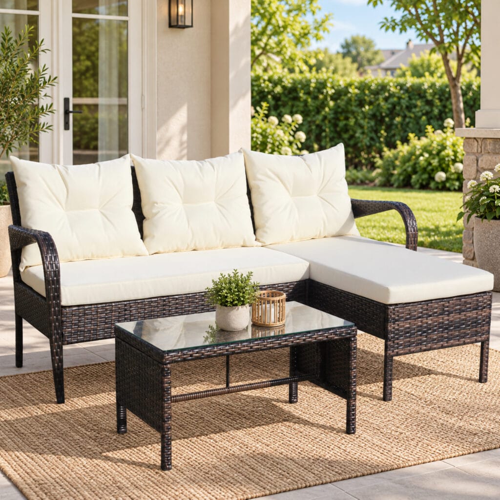 3 piece outdoor wicker sectional sofa with chaise beige cushions and glass coffee table on a backyard patio