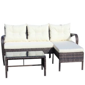 3 piece outdoor wicker sectional sofa with chaise beige cushions and tempered glass coffee table on white background