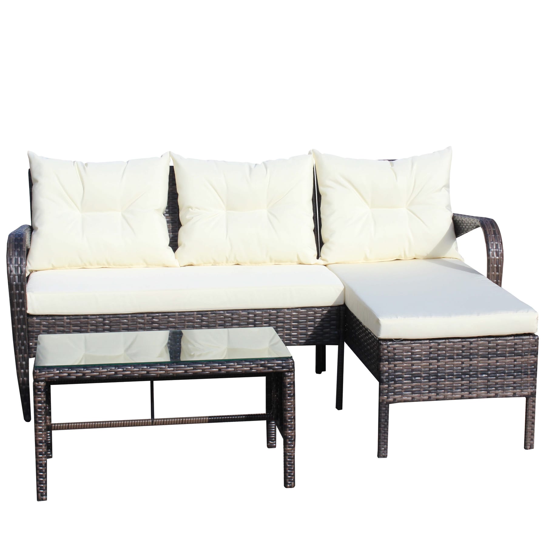 3 piece outdoor wicker sectional sofa with chaise beige cushions and tempered glass coffee table on white background