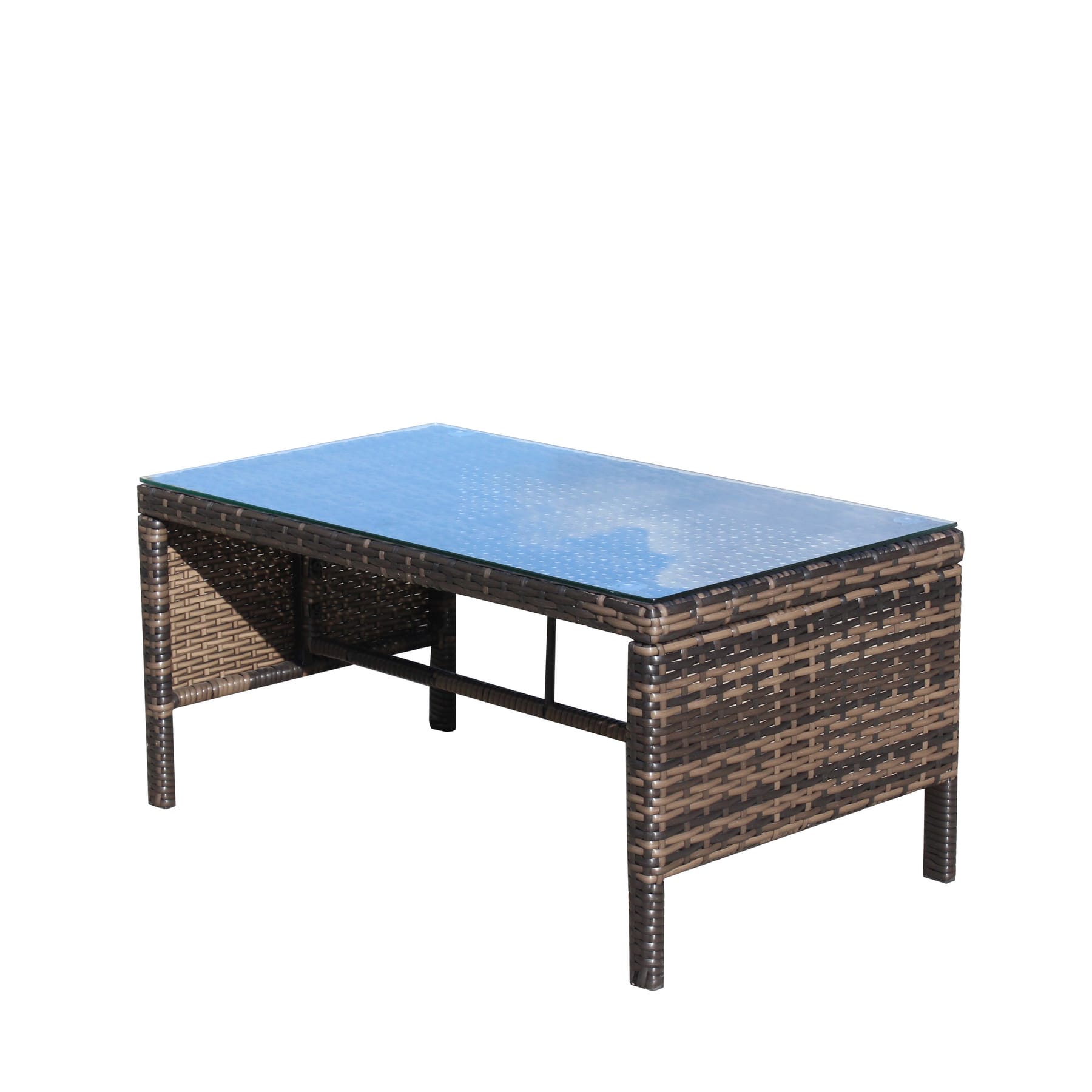 Brown wicker coffee table with tempered glass top from 3 piece outdoor sectional sofa set