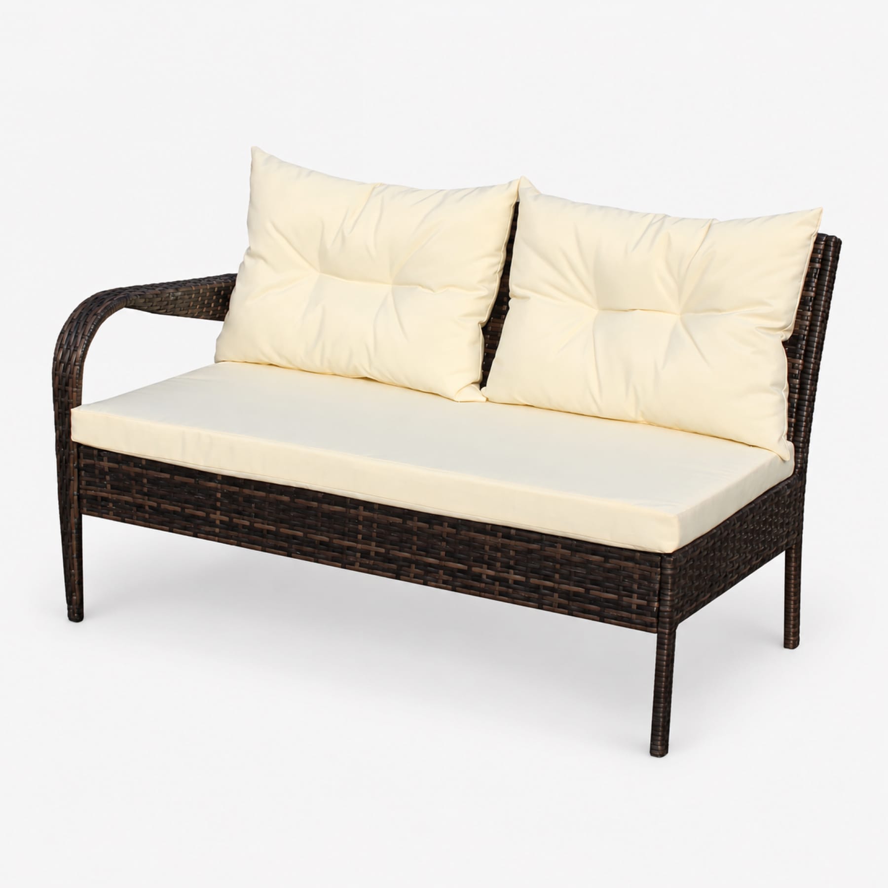 Two-seater brown wicker sofa with beige cushions from 3 piece outdoor sectional set
