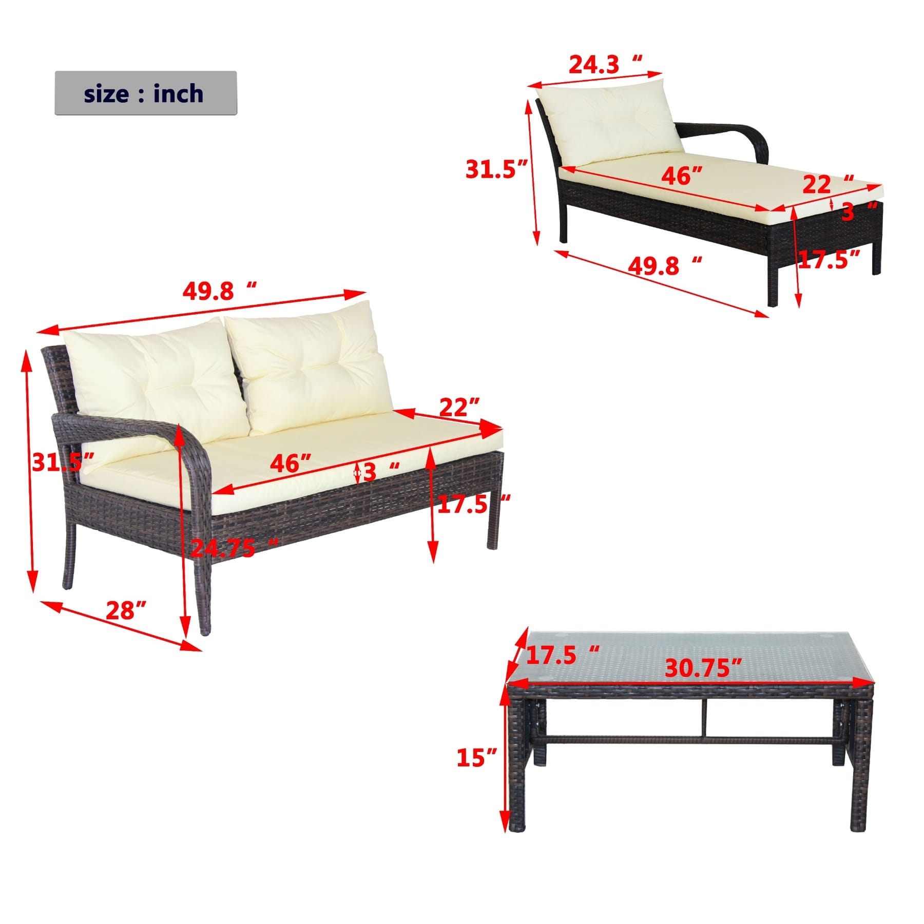 3 piece outdoor wicker sectional sofa dimensions showing two-seater sofa chaise lounge and coffee table measurements