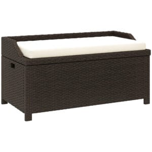 34 gallon outdoor wicker storage bench with cream white cushion on white background