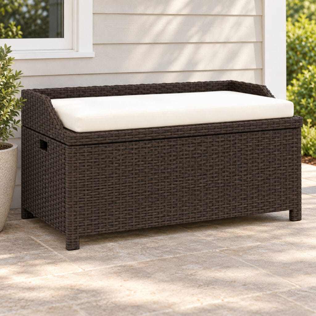34 gallon outdoor wicker storage bench with cream white cushion and hidden deck box storage