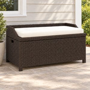 34 gallon outdoor wicker storage bench with cream white cushion and hidden deck box storage