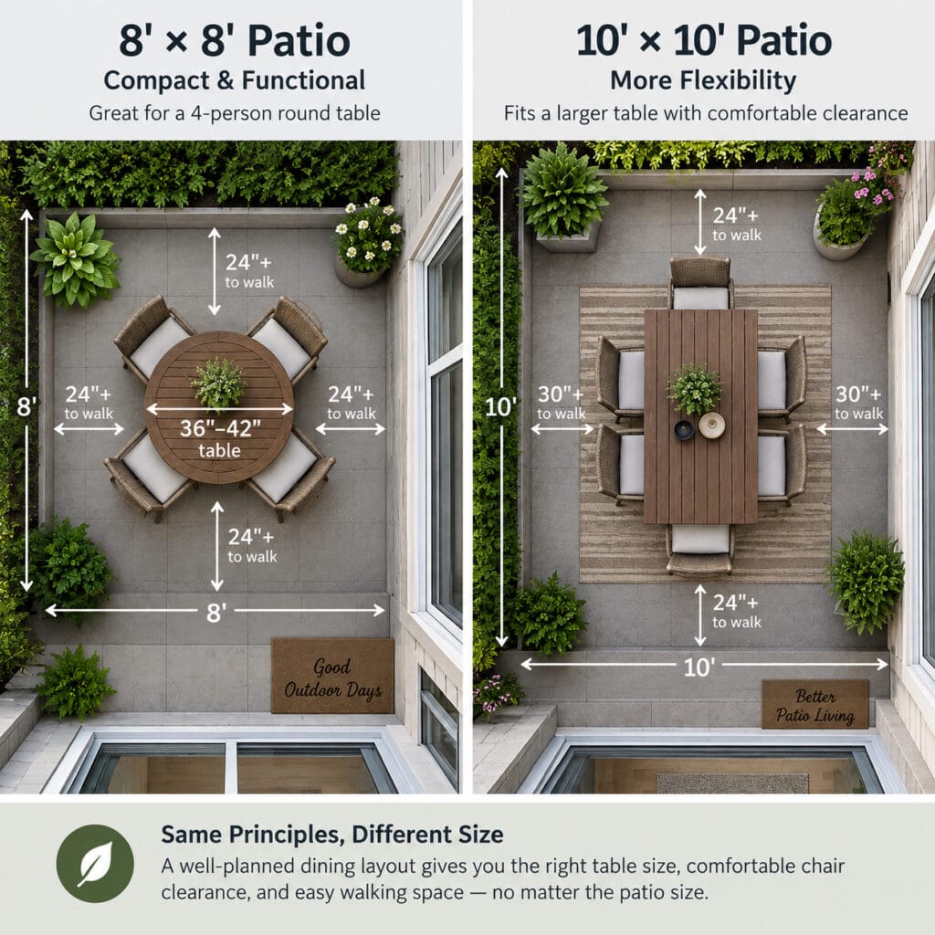 8x8 and 10x10 patio dining layouts with round and rectangular outdoor tables