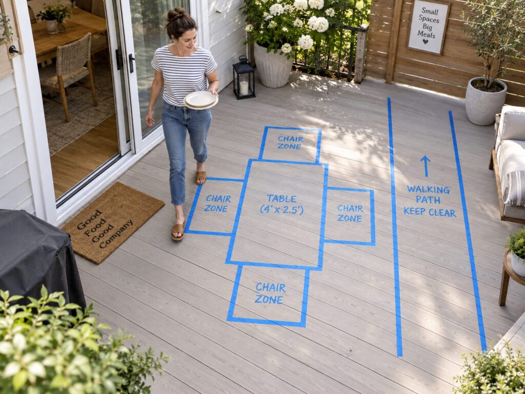 Painter's tape marking a small patio dining table layout with chair zones, patio door clearance, and walking space