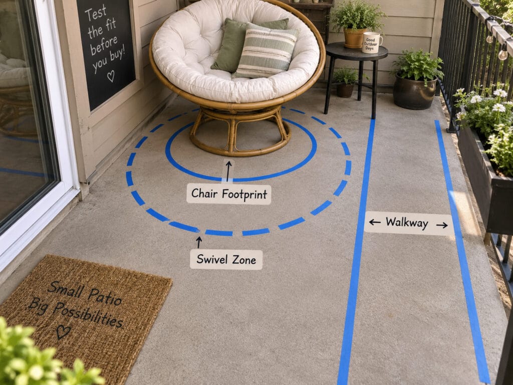 Painter's tape marking papasan chair footprint and walking space on a small patio