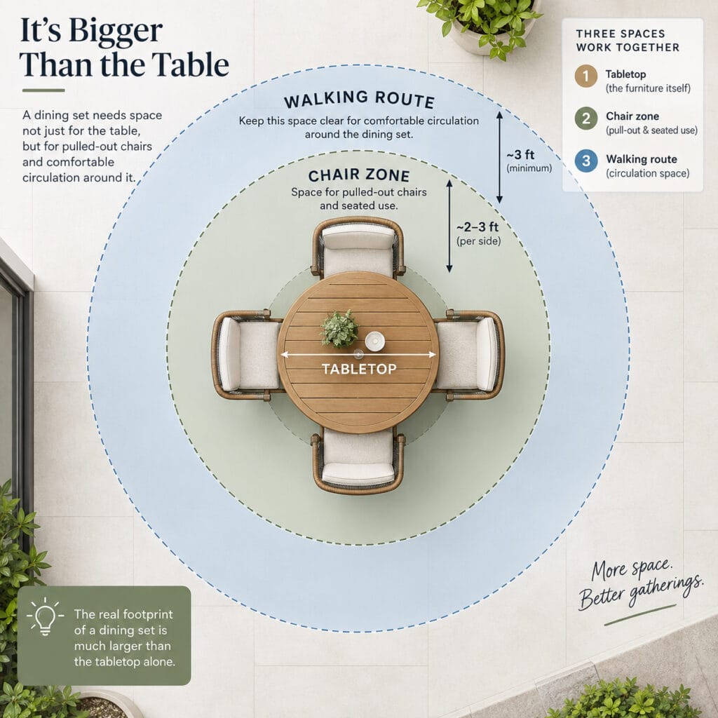 Outdoor dining table footprint showing the tabletop, chair zone, and walking route on a small patio