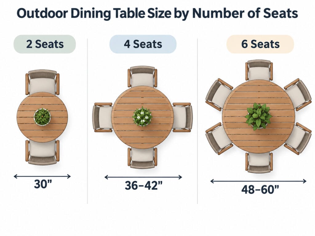 Outdoor dining table size comparison for 2, 4 and 6 seats with 30-inch, 36–42-inch and 48–60-inch tables