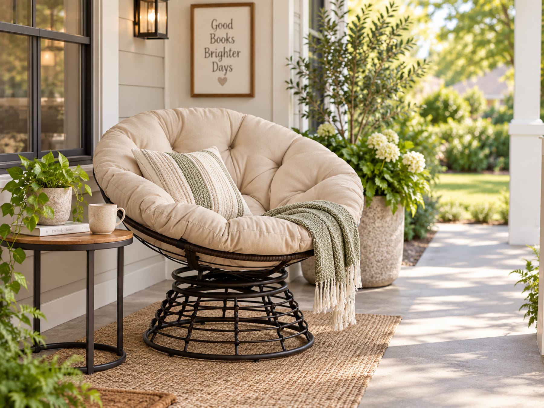 Outdoor papasan chair on a small patio with round side table, plants, and open walking space