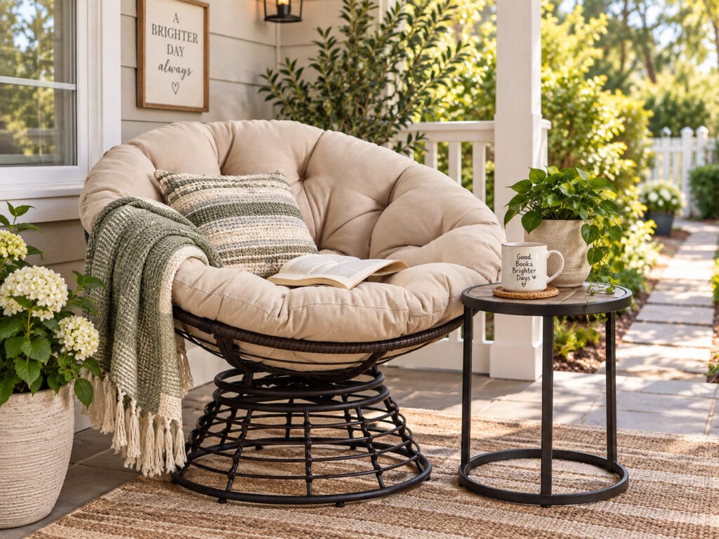 Outdoor papasan chair reading nook with small side table, coffee and plants