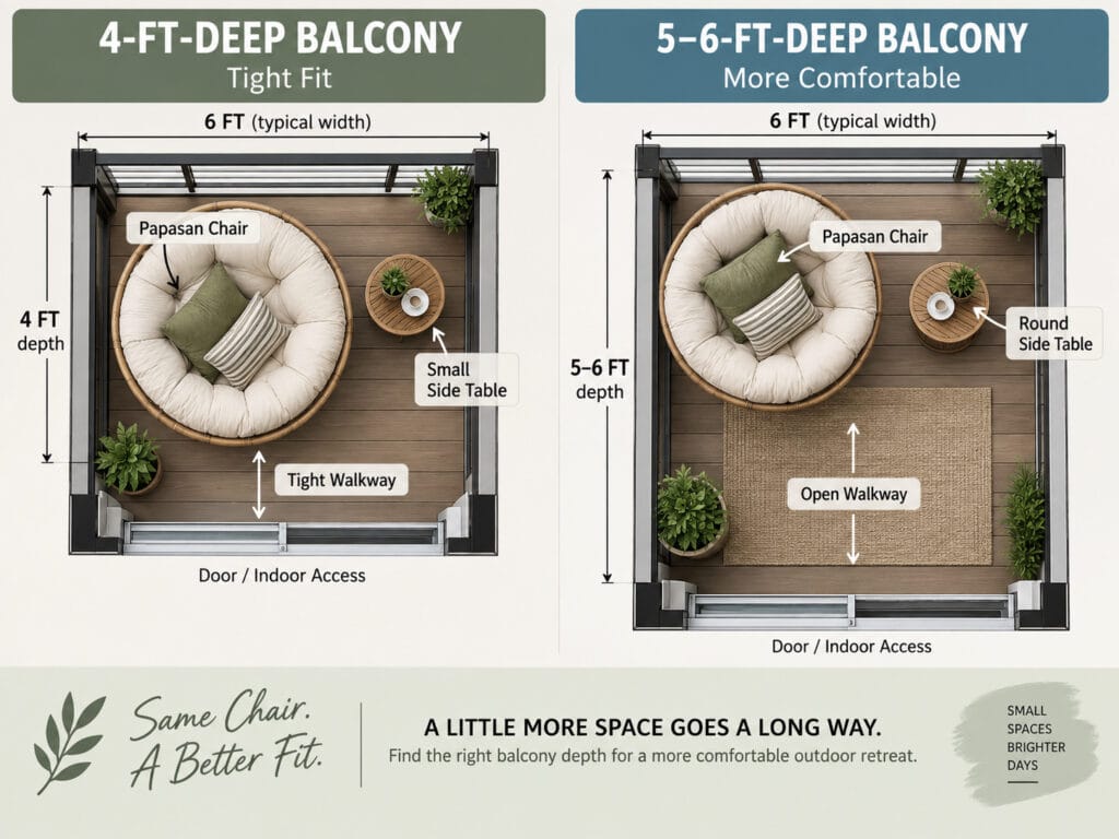 Papasan chair layout comparison on 4-foot and 6-foot deep balconies
