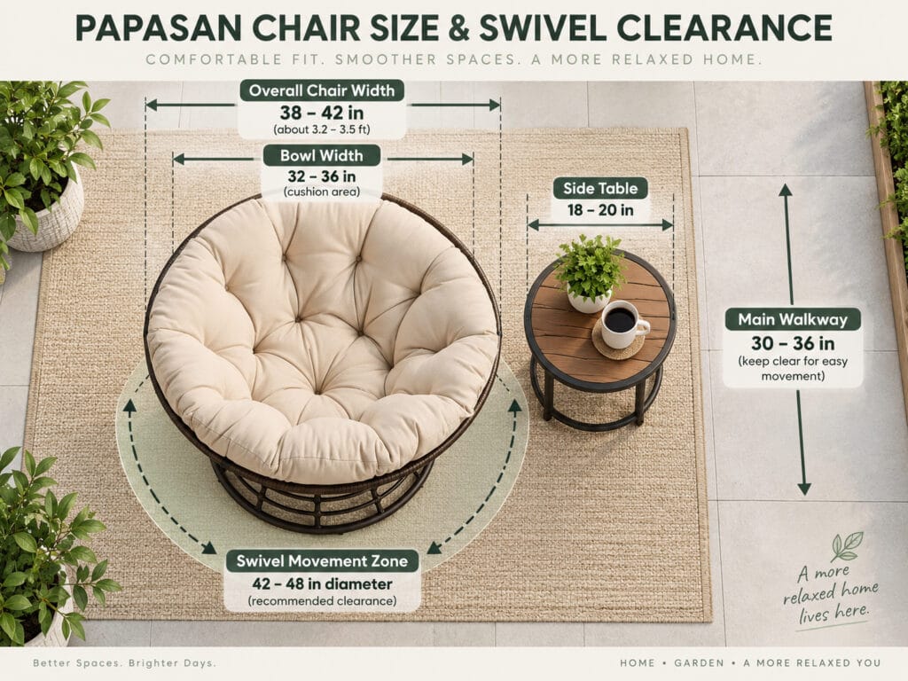 Papasan chair size diagram showing full chair footprint, swivel clearance, side table and walkway
