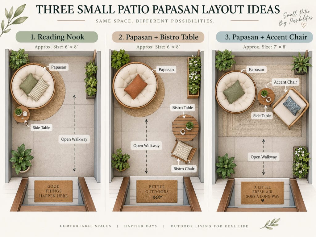 Three small patio layouts with a papasan chair, bistro table and accent chair