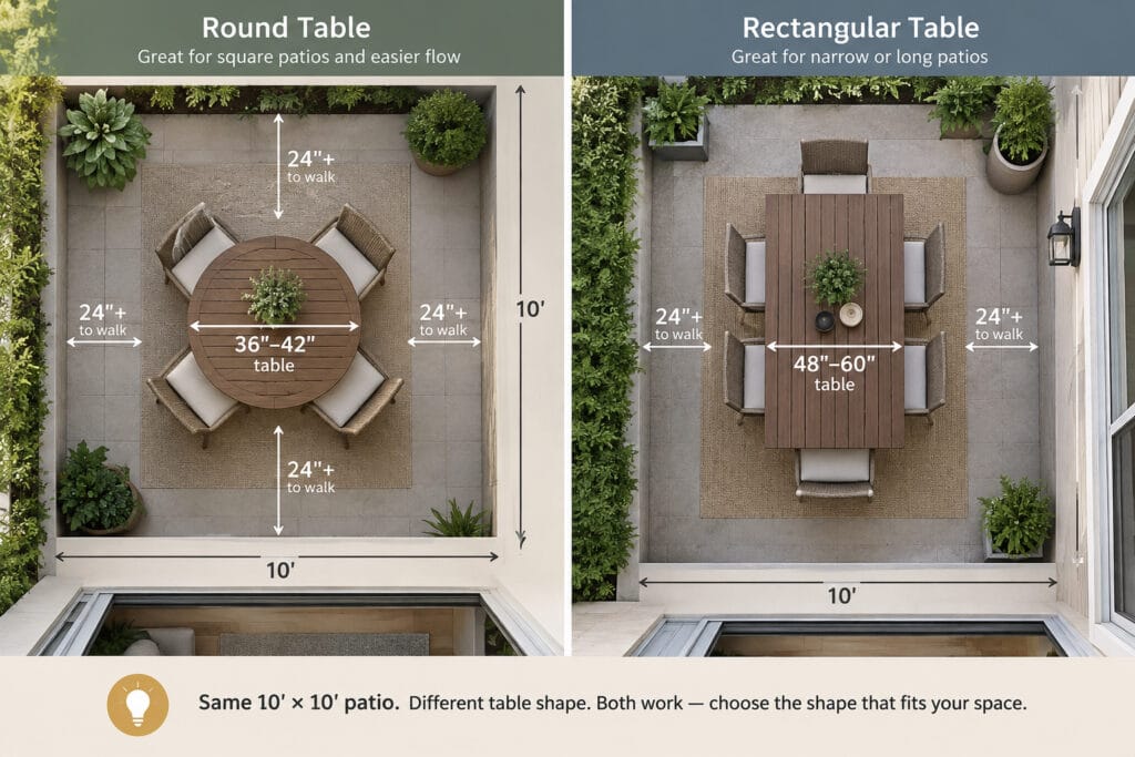 Round and rectangular outdoor dining table layouts compared on small patios