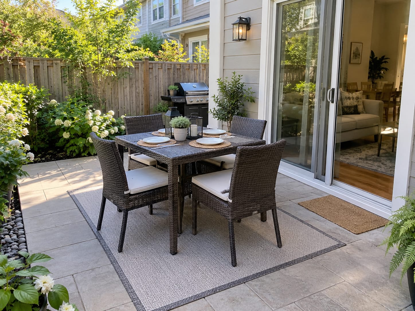Small patio outdoor dining table with four rattan chairs, sliding door and clear walking space
