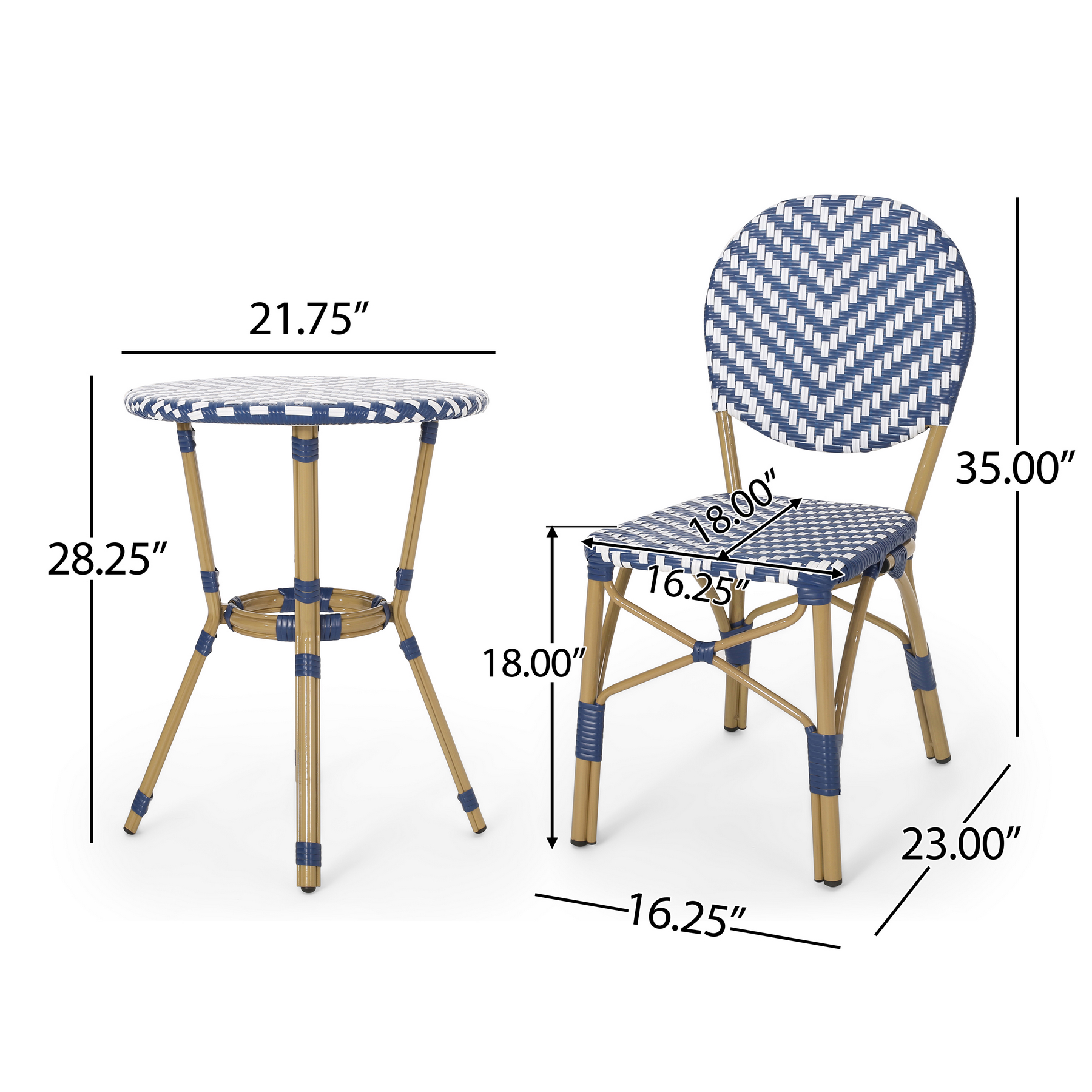 3 piece outdoor French bistro set dimensions showing two chairs and round table measurements