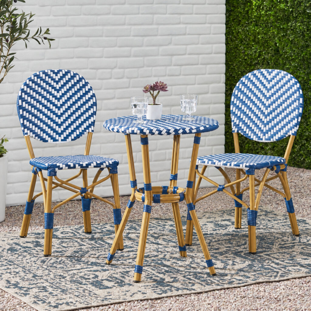 3 piece outdoor French bistro set with navy blue and white PE rattan chairs and round table