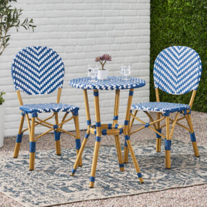 3 piece outdoor French bistro set with navy blue and white PE rattan chairs and round table