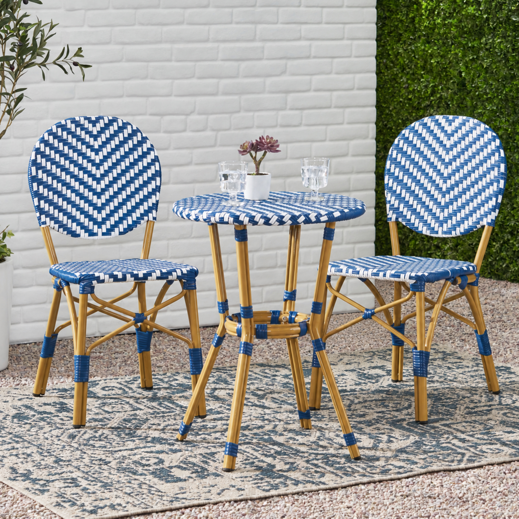 3 piece outdoor French bistro set with navy blue and white PE rattan chairs and round table