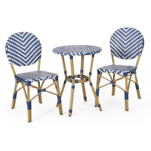 3 piece outdoor French bistro set with navy blue and white PE rattan chairs and round table on white background
